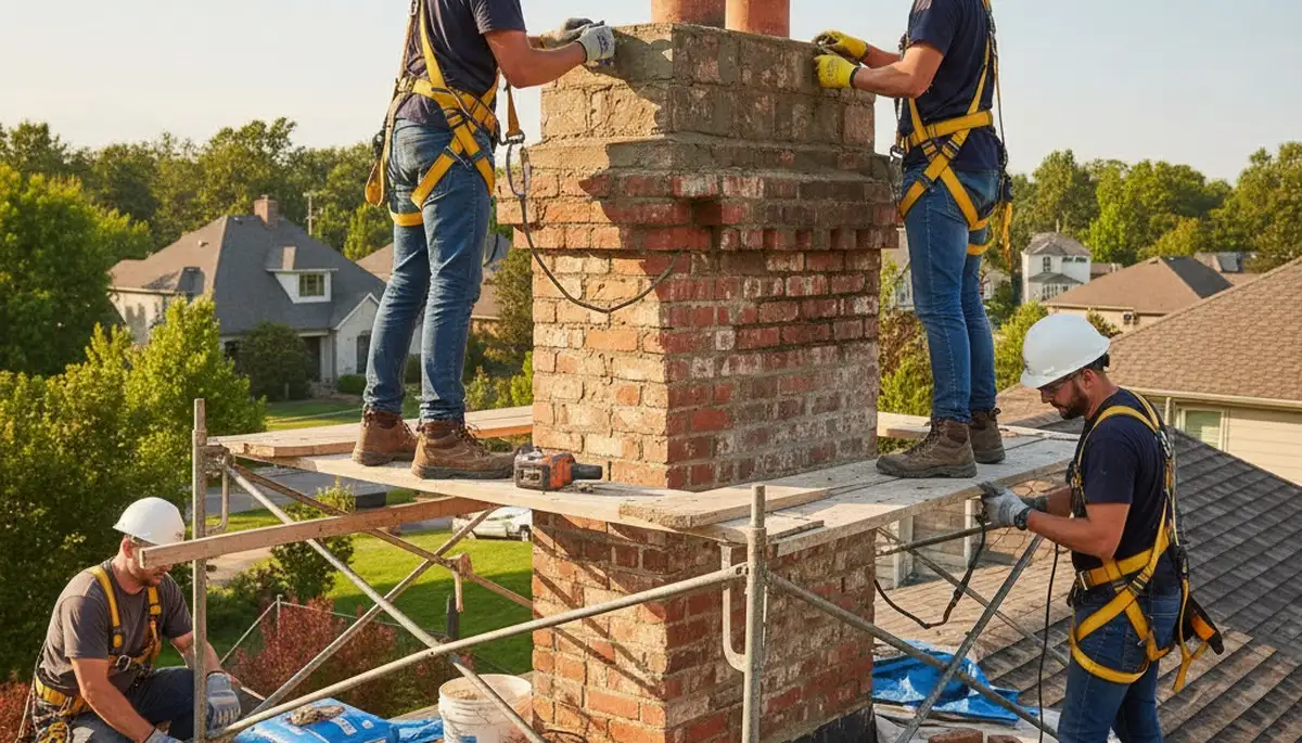 Dallas, TX chimney repair by siding contractor fixing cracked masonry and mortar on a home exterior