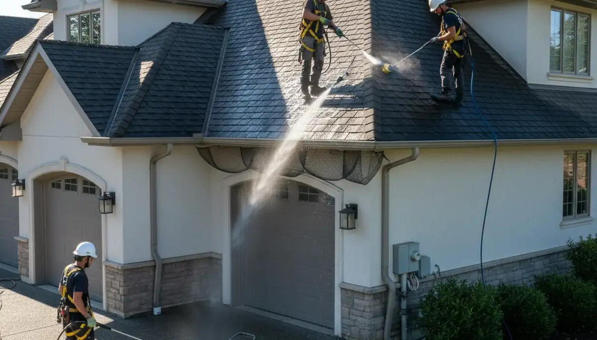 Dallas, TX siding contractor inspecting home exterior for siding and roof cleaning service work